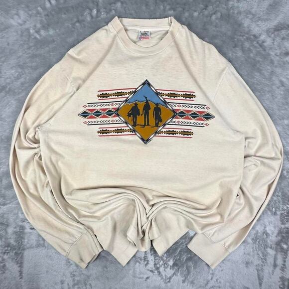 Distressed Vintage 1994 Aztec Navajo Horseman Motif Cream Longsleeve Shirt SizeL - Picture 1 of 7